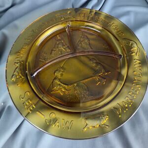 Vintage Tiara Amber Glass Nursery Rhyme Divided Plate 8.5"